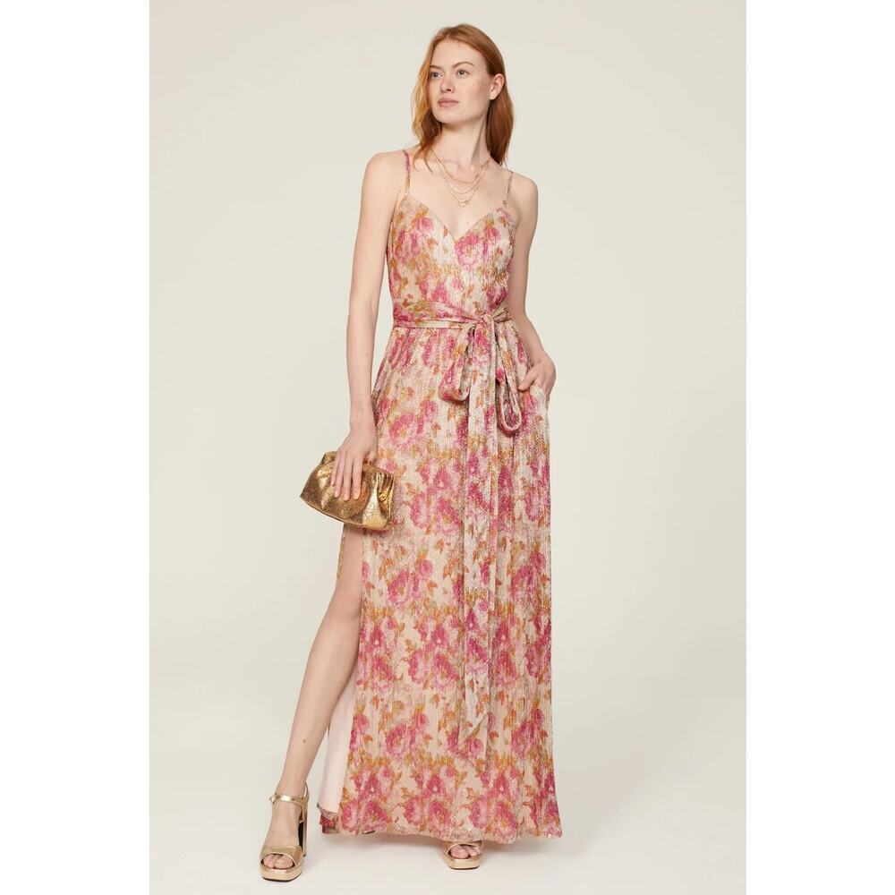 Dress The Population Chrissy Dress Floral Metallic Sleeveless Maxi Gown Pink XS